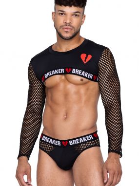 Black Fishnet & Spandex Heartbreaker Men's Long Sleeved Crop Top