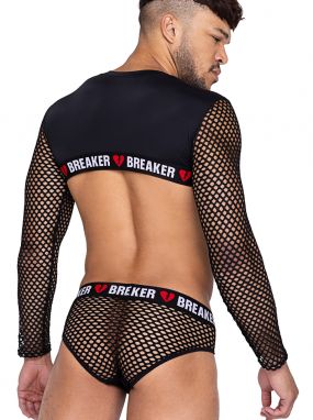Black Fishnet & Spandex Heartbreaker Men's Long Sleeved Crop Top