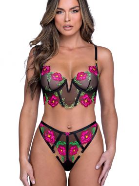 Black/Multi Peony Embroidered Sheer Underwired Bra & Panty Set