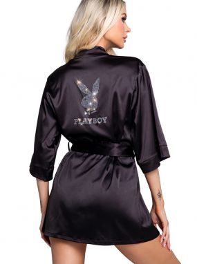 Black Satin Playboy Robe W/ Rhinestone Bunny