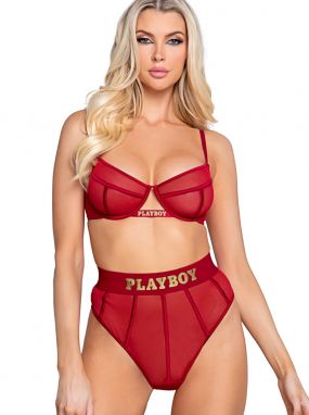 Burgundy Mesh Underwired Bra & High-Waisted Thong Set W/ Playboy Logo