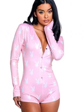 Pink/White Playboy Bunny Logo Print Cozy Fleece Romper