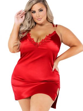 Plus Size Red Silky Satin Chemise W/ Chain Links