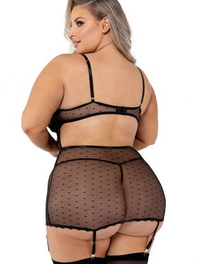 Plus Size Black Dot Mesh & Sheer Floral Underwired Chemise & G-String