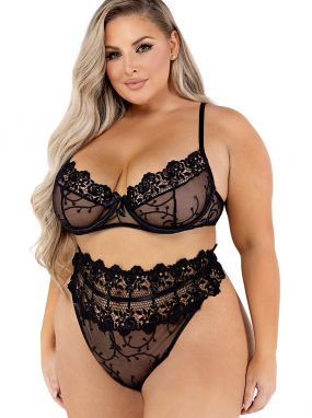 Plus Size Black Floral Embroidered Lace & Mesh Underwired Bra & Thong Set
