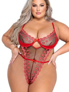 Plus Size Red/Black Sweet Peppermint Underwired Teddy
