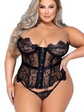 Plus Size Black Scalloped Eyelash Lace Strapless Underwired Bustier & G-String