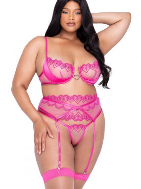 Plus Size Pink Heart Embroidered Tulle Underwired Bra, Garterbelt & Thong Set