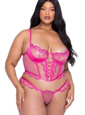 Plus Size Pink Heart Embroidered Tulle Underwired Bustier & Thong Set
