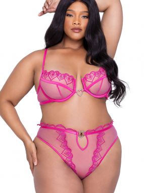 Plus Size Pink Heart Embroidered Tulle Underwired Bra & High-Waisted Thong Set