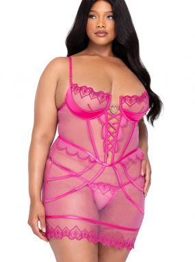 Plus Size Pink Heart Embroidered Tulle Underwired Chemise & Thong Set