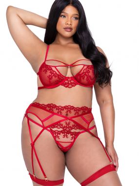 Plus Size Red Metallic Bow Embroidered Tulle Underwired Bra, Garterbelt & Thong Set