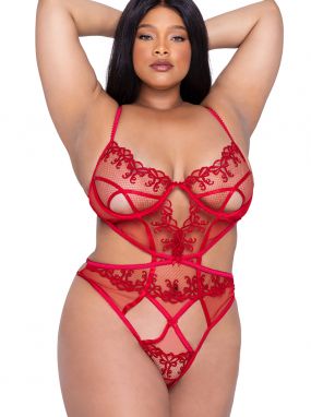 Plus Size Red Metallic Bow Embroidered Tulle Underwired Teddy
