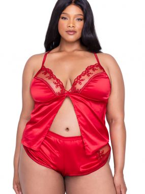 Plus Size Red Silky Satin & Metallic Bow Embroidered Tulle Camisole & Short Set