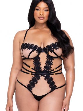 Plus Size Black Floral Lace & Tulle Underwired Teddy