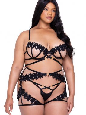 Plus Size Black Floral Lace & Tulle Underwired Bra, Short Chaps & Thong Set