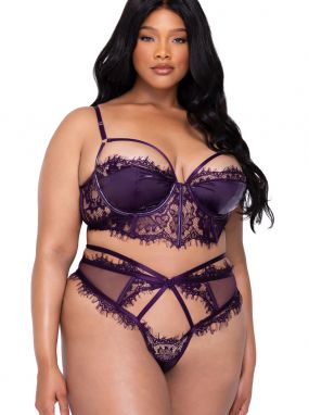 Plus Size Purple Eyelash Lace & Sheer Tulle Underwired Long Lined Bra & High-Waisted Thong Set
