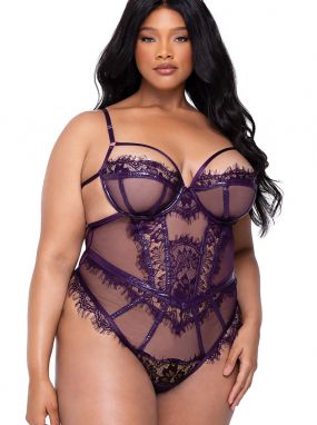 Plus Size Purple Eyelash Lace & Sheer Tulle Underwired Teddy W/ Scalloped Trim