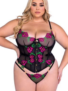 Plus Size Black/Multi Peony Embroidered Sheer Underwired Bustier & Panty Set