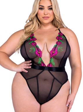 Plus Size Black/Multi Peony Embroidered Sheer Teddy