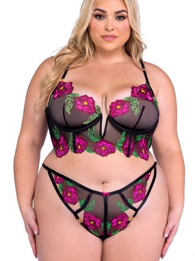 Plus Size Black/Multi Peony Embroidered Sheer Underwired Bra & Panty Set