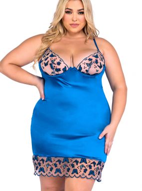 Plus Size Blue Silky Satin Underwired Chemise W/ Embroidered Butterfly Lace