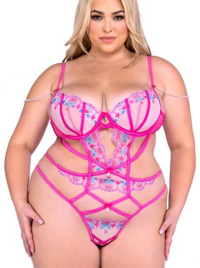 Plus Size Pink/Multi Seashell Embroidered Lace Underwired Teddy W/ Pearl Strands
