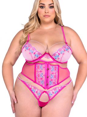 Plus Size Pink/Multi Seashell Embroidered Lace Underwired Bra, Cincher & Thong Set W/ Pearl Strands