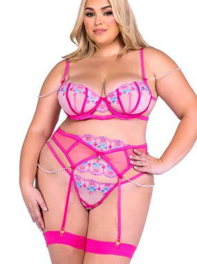 Plus Size Pink/Multi Seashell Embroidered Lace Underwired Bra, Garterbelt & Thong Set W/ Pearl Strands