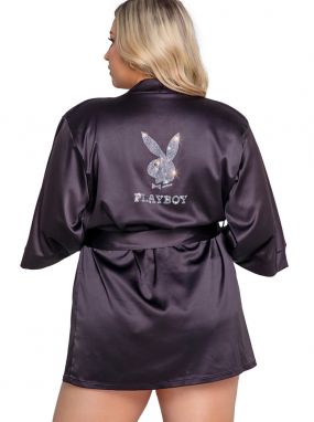Plus Size Black Satin Playboy Robe W/ Rhinestone Bunny