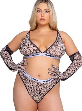 Plus Size Black/Nude Mesh Playboy Bunny Bralette & High-Waisted Thong Set