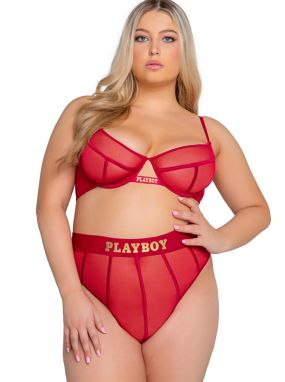 Plus Size Burgundy Mesh Underwired Bra & High-Waisted Thong Set W/ Playboy Logo