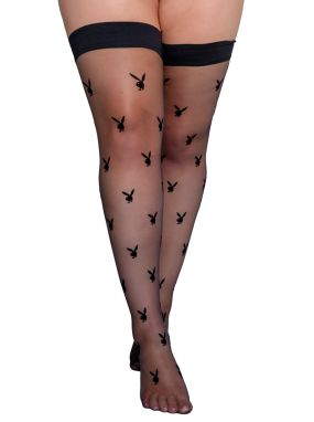 Plus Size Black Sheer 15 Denier Playboy Bunny Stay-Up Thigh Highs