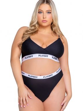 Plus Size Black Athletic Mesh Playboy Bralette & Thong Set