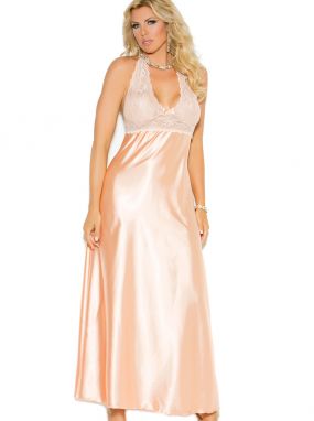 Plus Size Silky Peach Satin & Lace Lingerie Gown