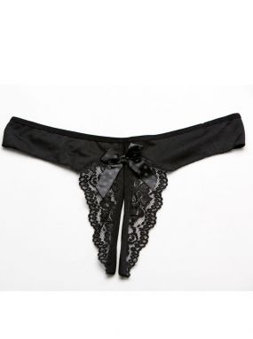 Black Scalloped Lace Crotchless Thong