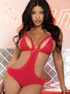 Red Sheer Mesh & Scalloped Lace Crotchless Teddy