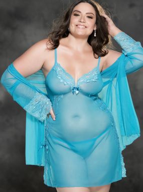 Plus Size Turquoise Mesh & Floral Lace Chemise, Robe & G-String