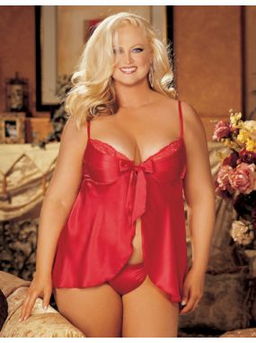 Plus Size Red Charmeuse & Lace Underwired Babydoll & G-String