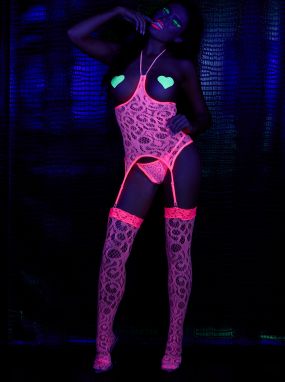 Neon Pink Seamless Knit Cupless Camisette, G-String & Thigh Highs Set