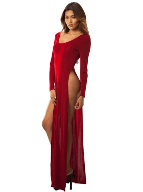 Red Slinky Long Sleeved Gown W/ High Slits & G-String