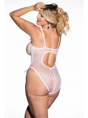 Plus Size White Cupless/Crotchless Lace & Denier Teddy W/ Open Butt