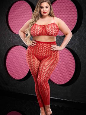 Plus Size Red Crochet Inspired Seamless Knit Crop Top & Pant Set