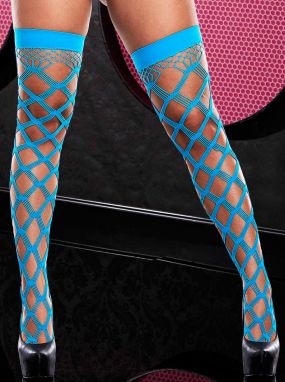 Neon Blue Strappy Diamond Net & Fishnet Stay-Up Thigh Highs
