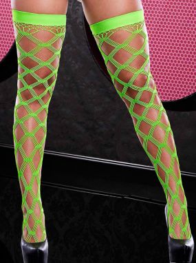 Neon Green Strappy Diamond Net & Fishnet Stay-Up Thigh Highs