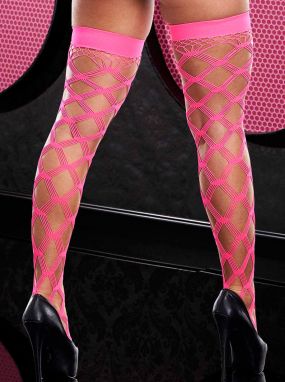 Neon Pink Strappy Diamond Net & Fishnet Stay-Up Thigh Highs