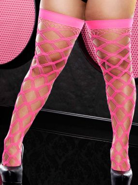 Plus Size Pink Strappy Diamond Net & Fishnet Stay-Up Thigh Highs
